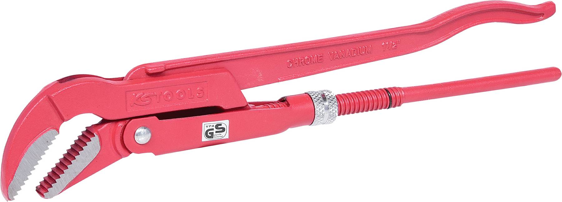 Red pipe wrench with adjustable jaw, marked with GS logo for verified safety.