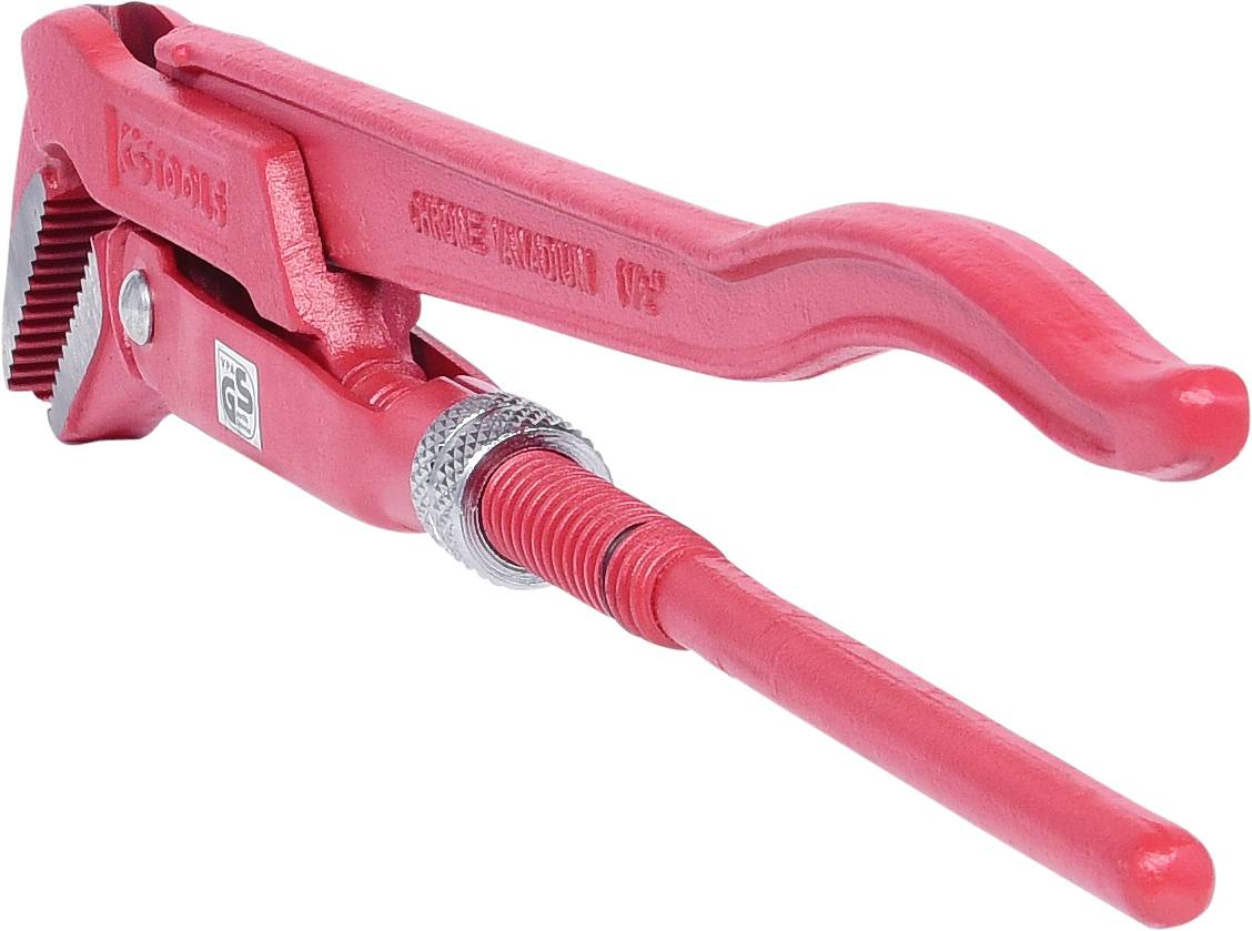 Red pipe wrench, grip open, robust metal tool, suitable for gripping and turning pipes or rounded objects.