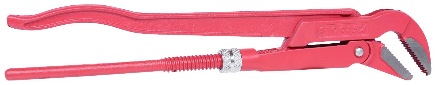 Red pipe wrench with ribbed handle and adjustable head. Ideal for work on pipes and plumbing installations.
