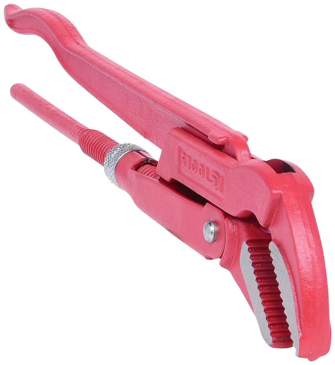 Red pipe wrench with adjustable head and knurled handle, suitable for plumbing work and gripping round objects.