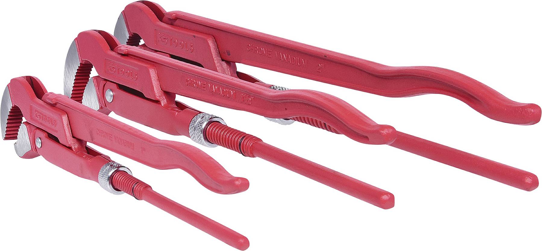 'Three red pipe wrenches in various sizes, lying side by side. All have an adjustable turning mechanism and knurled jaws.'
