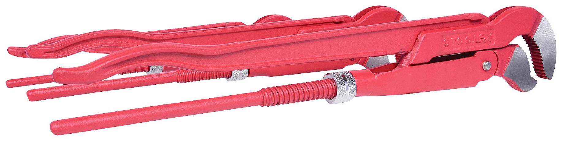Three red pipe wrenches of different sizes, lying side by side. They have serrated jaws and are adjustable.