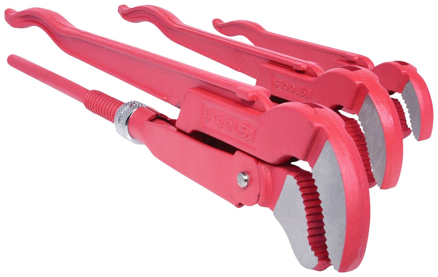 Three red pipe wrenches of different sizes side by side, with serrated jaws for gripping pipes.