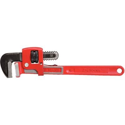 Red pipe wrench with adjustable head, suitable for plumbing and pipe installations.