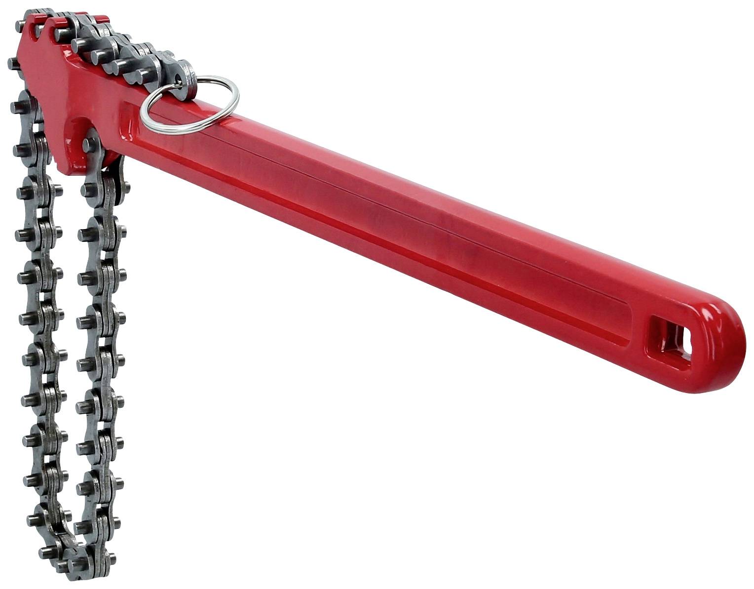A red pipe wrench with a metal chain, commonly used for tightening or loosening nuts on pipes.