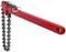 A red pipe wrench with a metal chain, commonly used for tightening or loosening nuts on pipes.