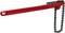 Red chain wrench with long handle, used for gripping and turning round or smooth surfaces such as pipes or valves.