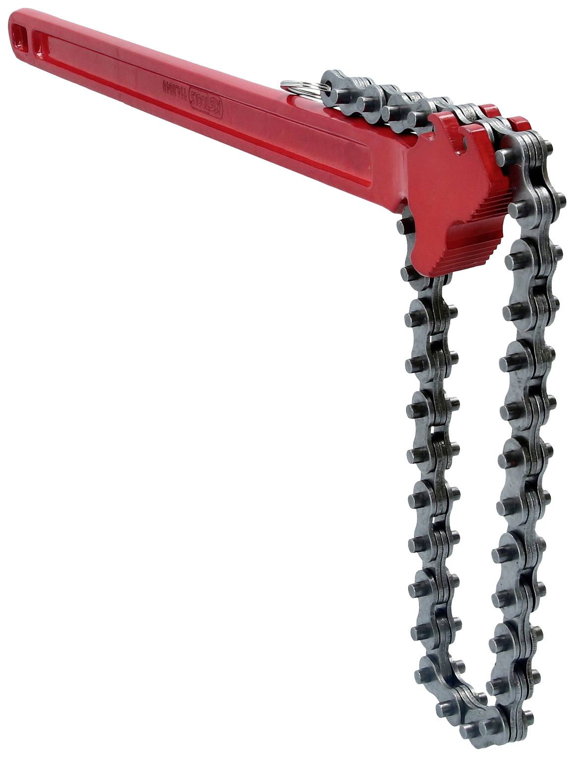 Red chain pipe wrench with steel chain, used for gripping and turning pipes in plumbing and heating installation.