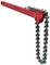 Red chain pipe wrench with steel chain, used for gripping and turning pipes in plumbing and heating installation.