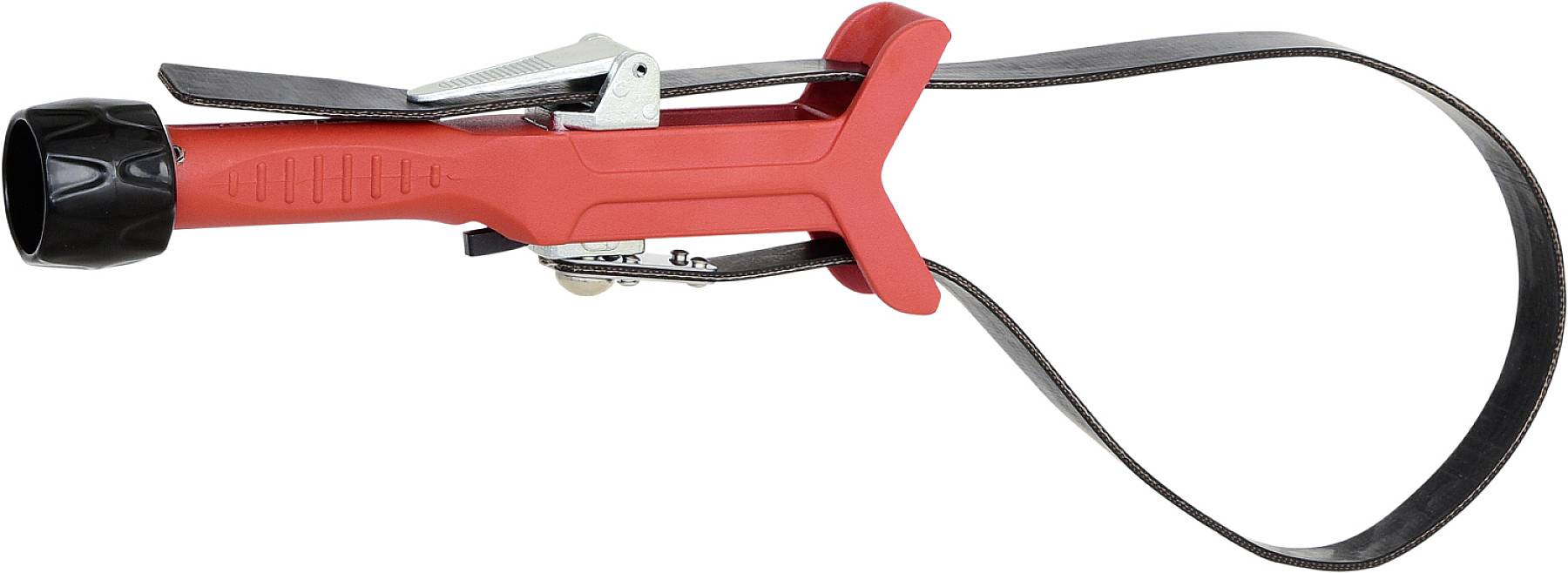 An oil filter wrench with a red handle and adjustable metal band for installing or removing oil filters.