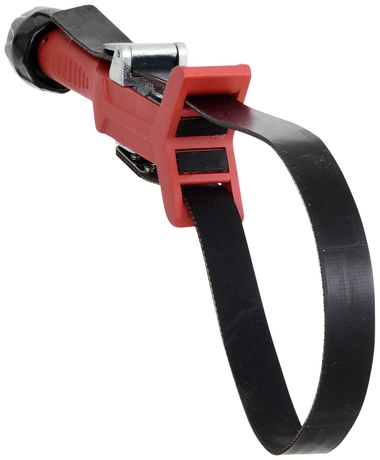 'A red oil filter tool with a black strap for turning and removing screw-on filters.'