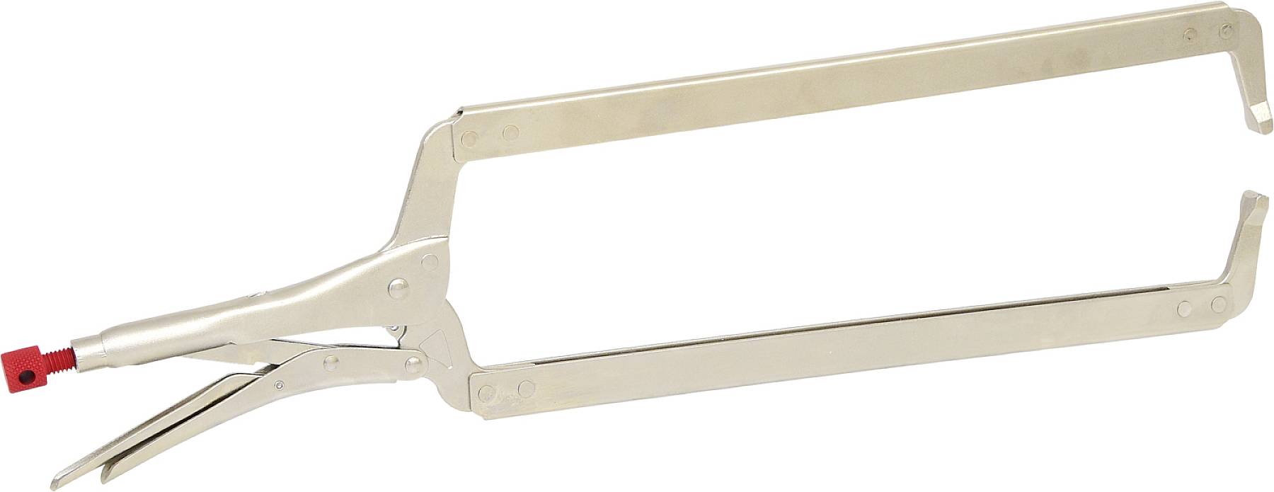 Long, silver tool, possibly a clamp pliers, with a red end, designed for securing materials.