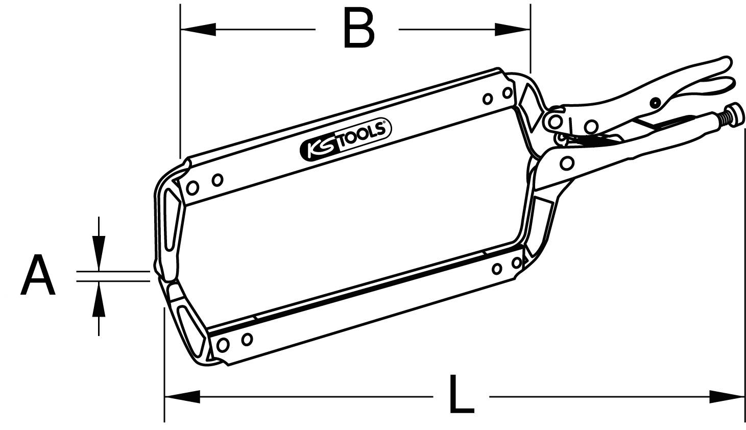 Diagram of a pair of pliers with dimensions: 'A' shows the height of the pliers' jaws, 'B' the width of the gripping area, 'L' the overall length.