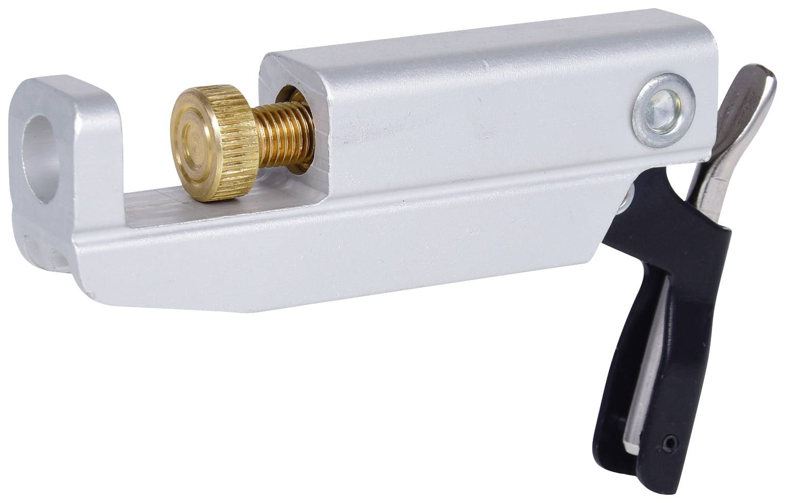 Metal cutting tool with an adjusting screw and lever. Used for precisely cutting pipes or hoses.