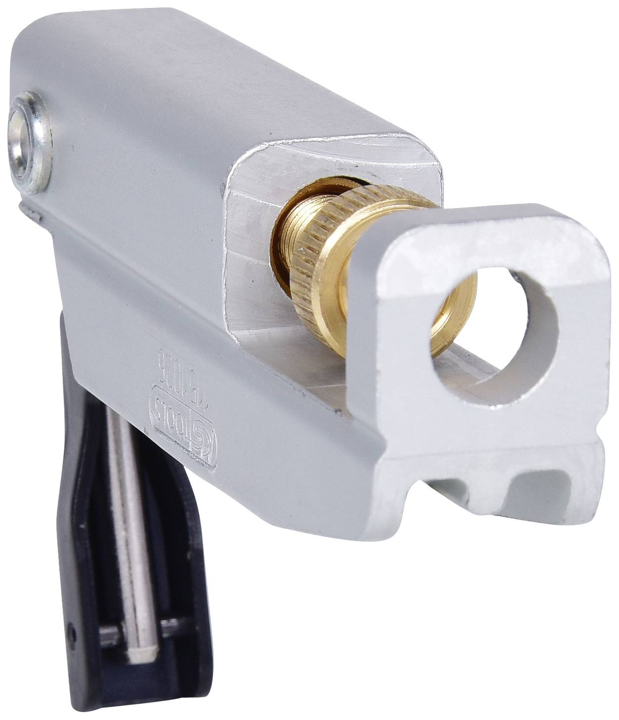 A silver padlock with a brass-coloured cylinder and a black lever at the bottom. It is used to secure items.