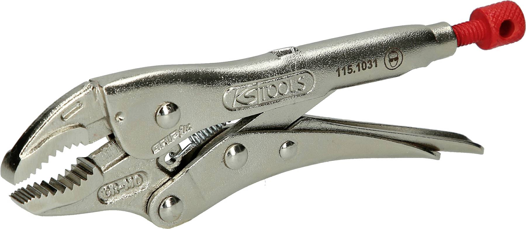 Metal locking pliers with serrated gripping jaws and red adjustment screw mechanism, suitable for securing workpieces.