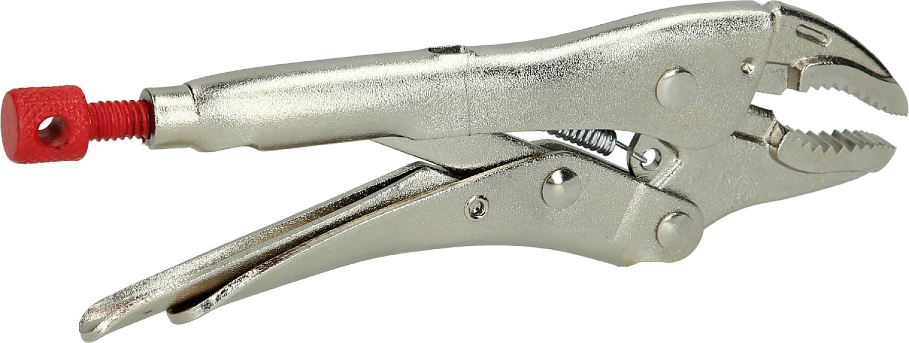 A metallic locking pliers with a red grip end, shown open. It is used to hold objects firmly and securely.