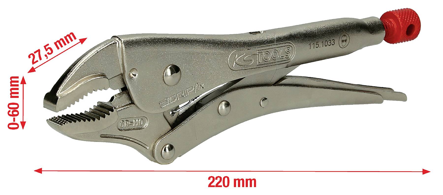 Metal pliers with red rubber grip and measurements: Grip length 220 mm, gripping range 0-60 mm, maximum opening 27.5 mm.