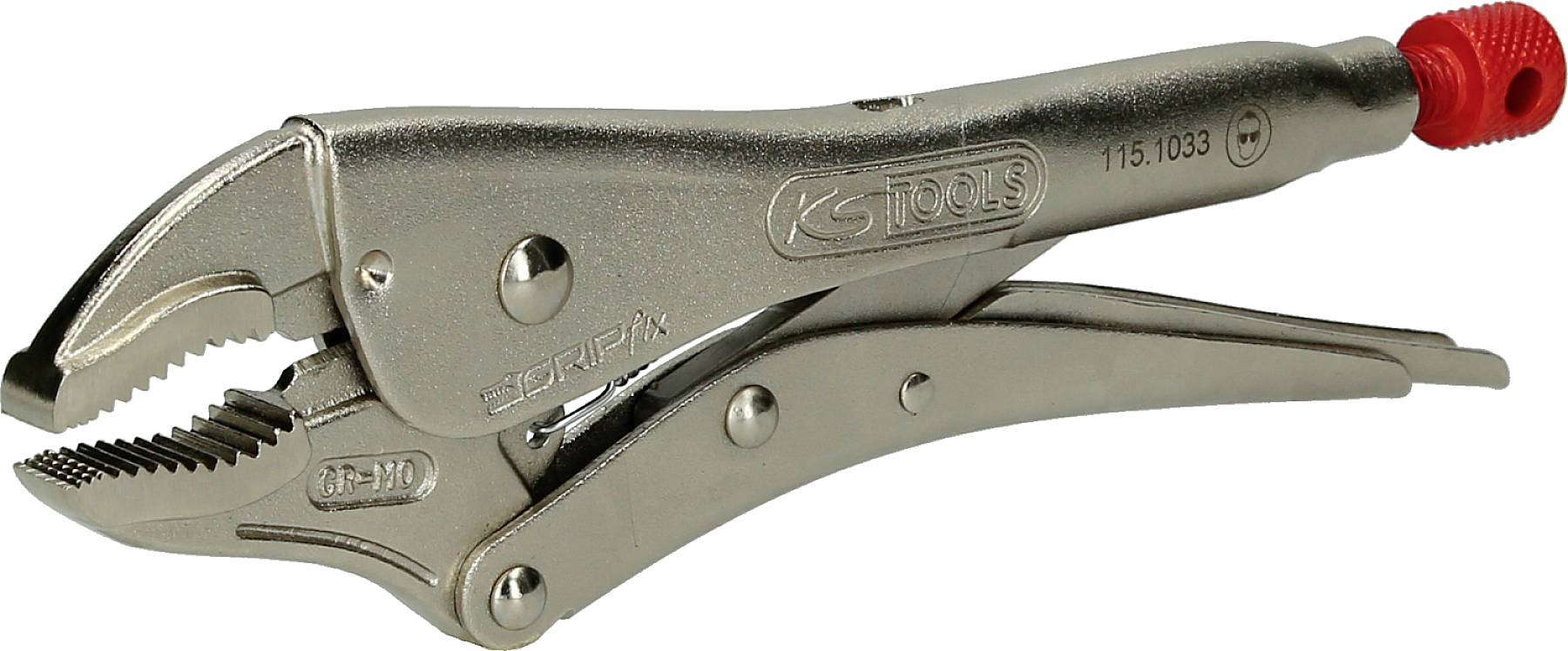 A silver gripping pliers with a red handle end, suitable for gripping and securing objects.