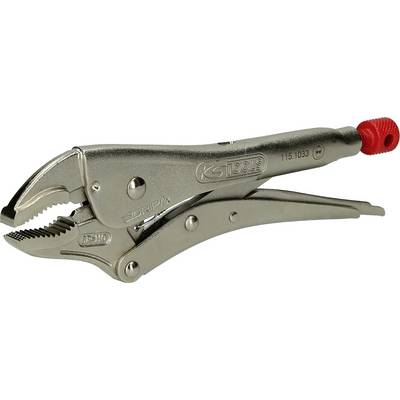 A silver gripping pliers with a red handle end, suitable for gripping and securing objects.