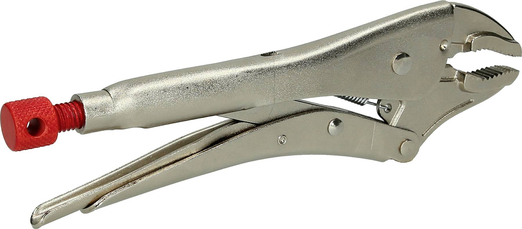 A silver, adjustable locking pliers with a red turning handle, shown open. Tools for securing or fastening objects.
