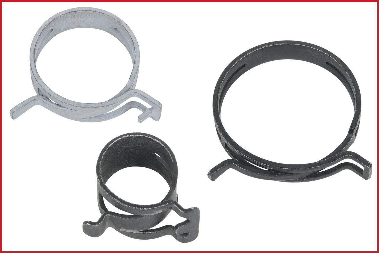 Three metal hose clamps in various sizes, displayed on a white background. They are circular and fitted with hooks.