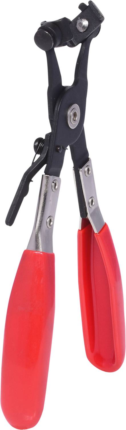 Red metal rivet pliers with ergonomic handles, used for securing rivets in materials, viewed from the side.