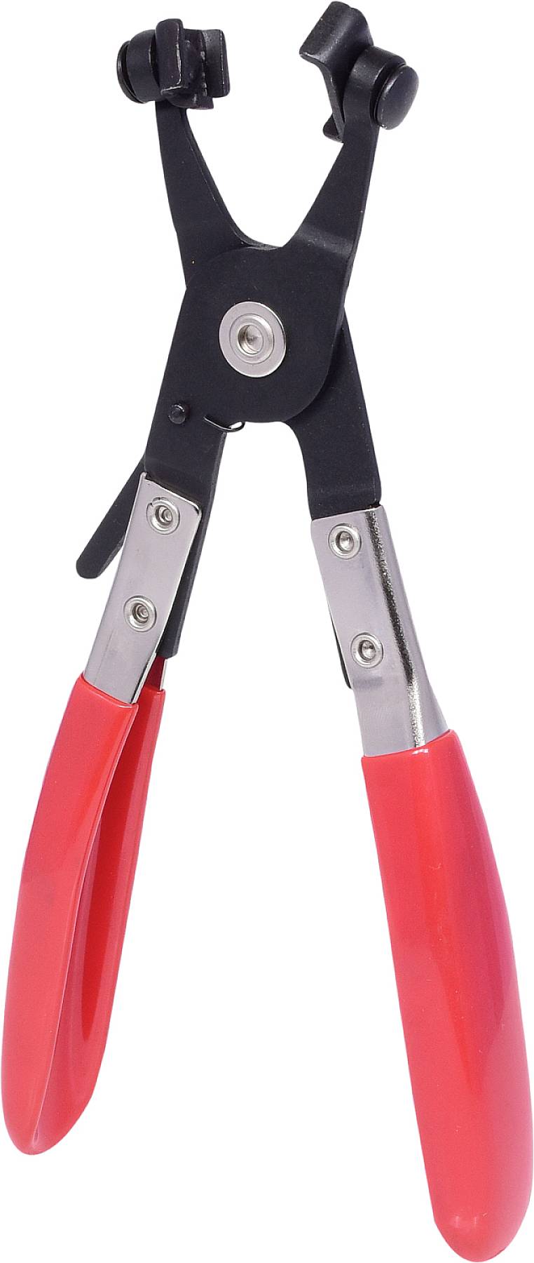 Pliers with black handles and red handle covers, suitable for securing retaining rings in machinery or vehicles.