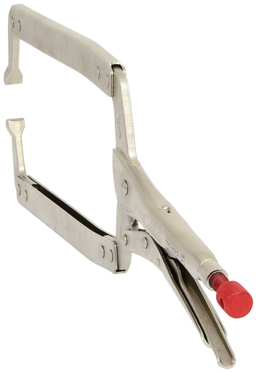 Metal clamp with C-shaped jaws, red adjustment knob. Used for fastening or holding materials together.