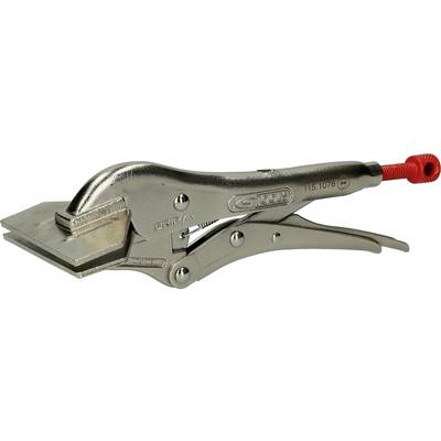 A silver locking pliers with flat jaws for sheet metal work, red adjusting wheel at the end of the handle.