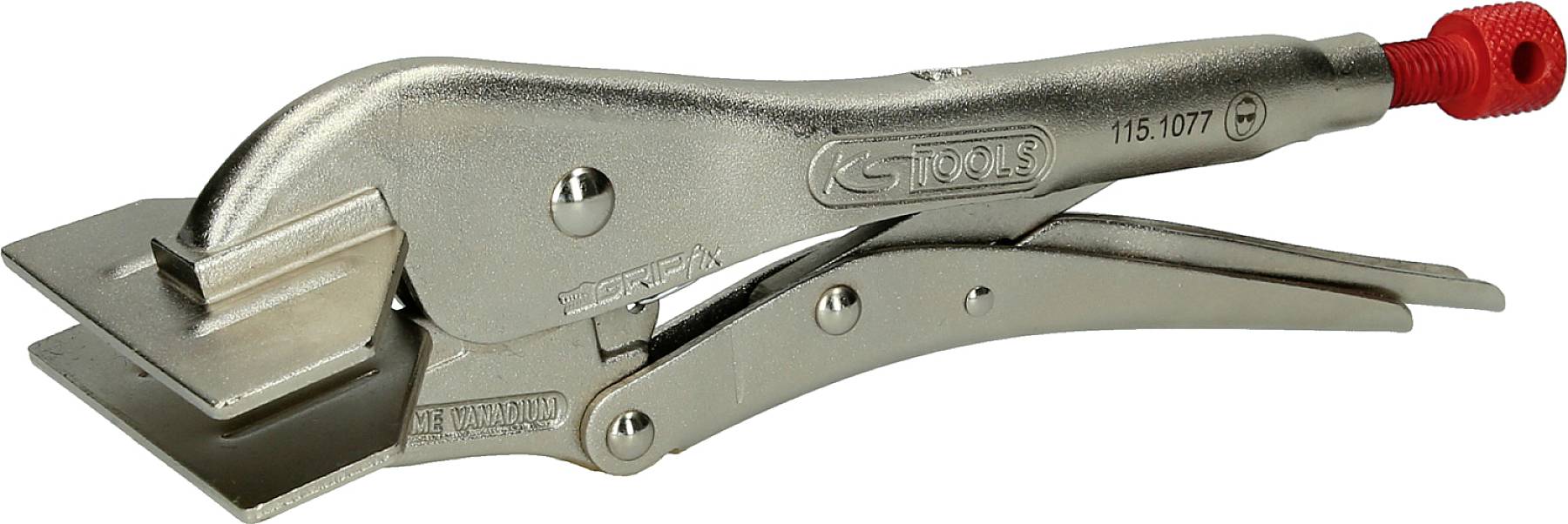 Metal pliers with a red grip adjuster. Likely used for gripping or holding objects.