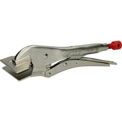 Metal pliers with a red grip adjuster. Likely used for gripping or holding objects.