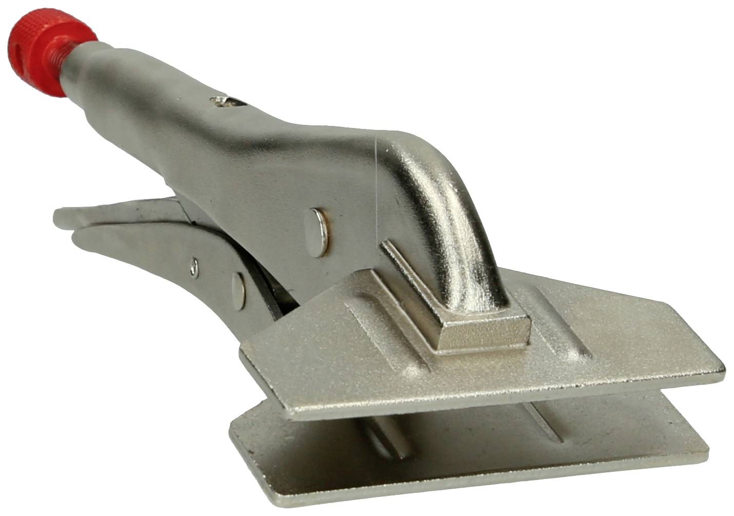Metal clamp with wing handle, suitable for fixing sheets or similar materials, silver-coloured with red tip.