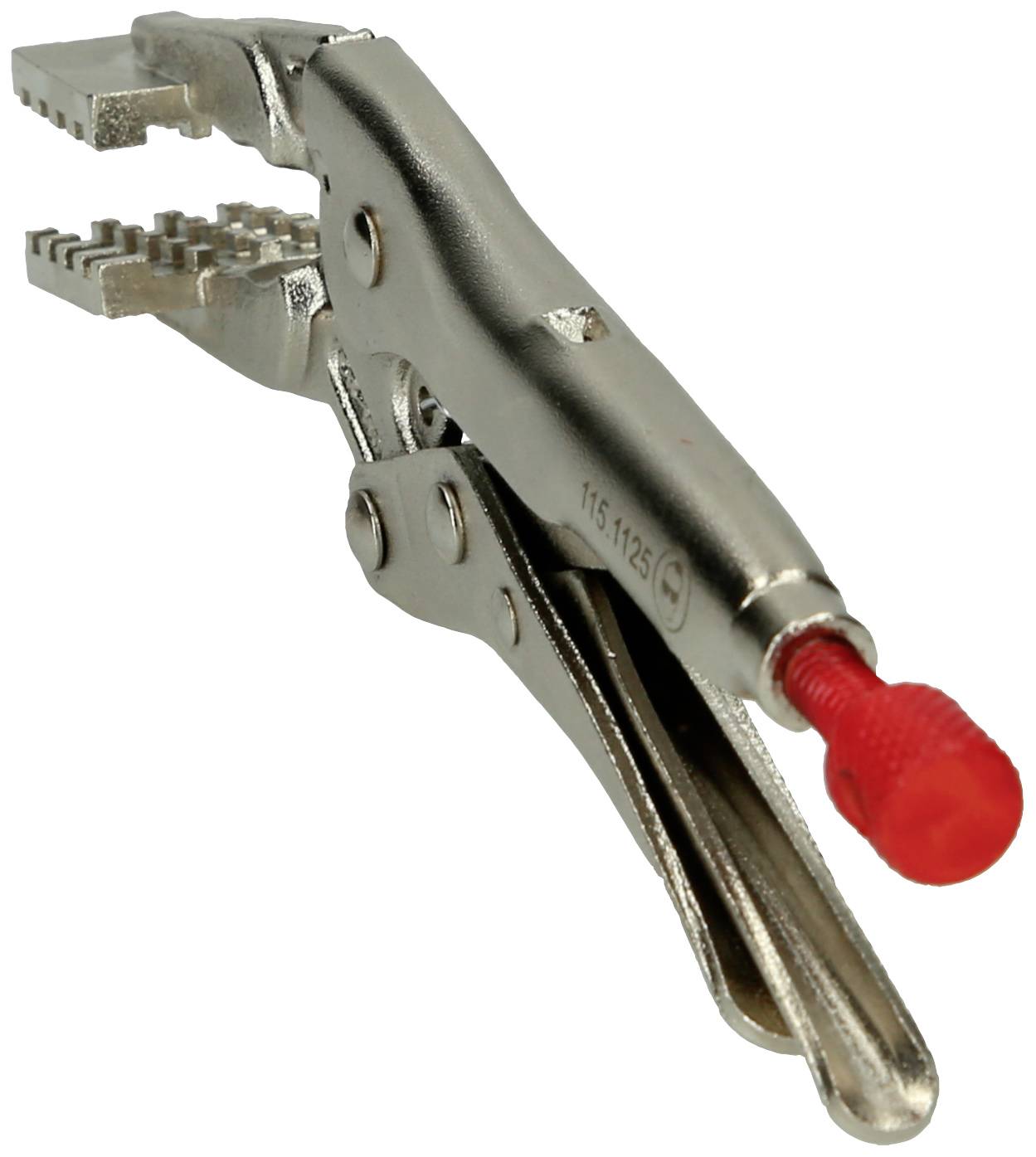 Metal clamp with red plastic tip, opened and ready to secure objects. Suitable for workshop tasks.