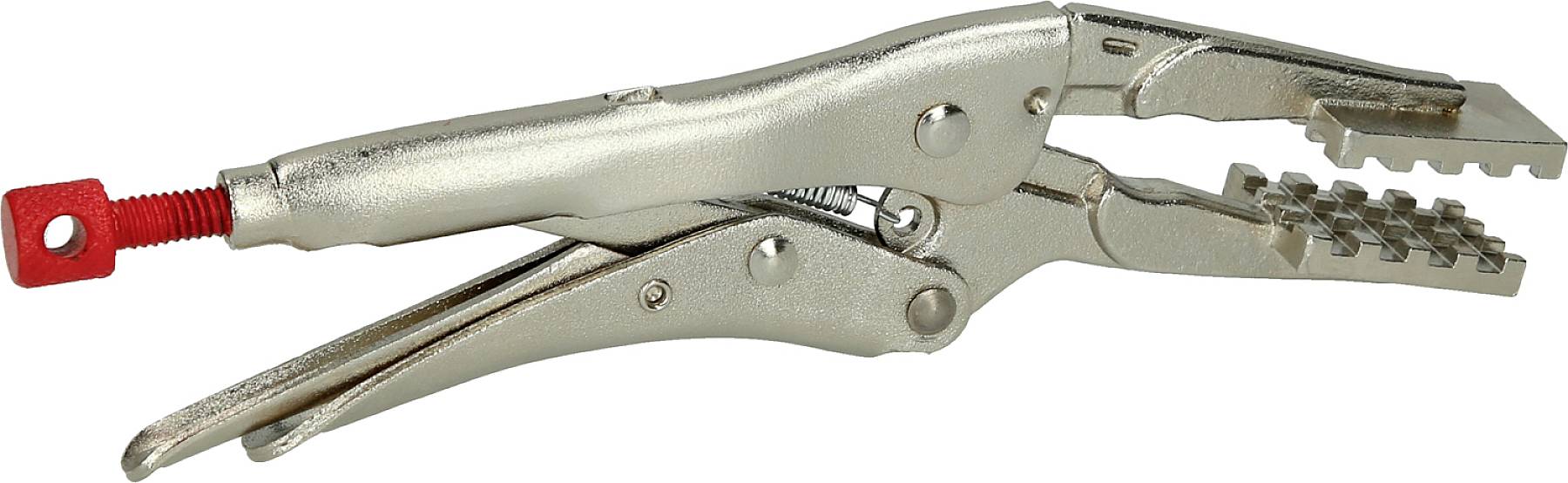 A silver metal pliers with a red screw mechanism at one end and gripping surfaces with serrated jaws.