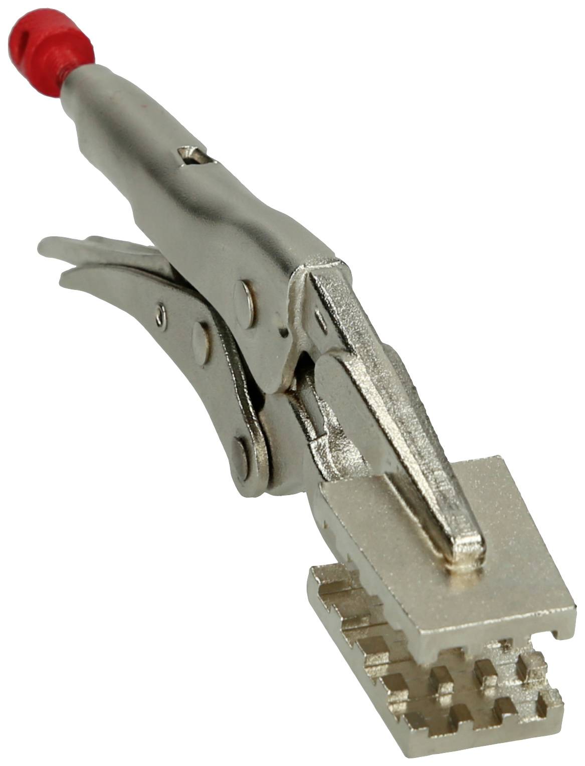 Silver crimping tool with a red end, suitable for attaching network cable connectors.