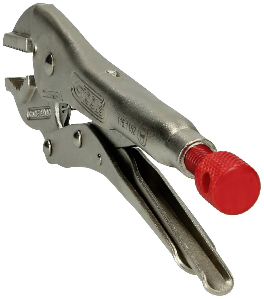 Metal pliers with a red handle; used for gripping objects.