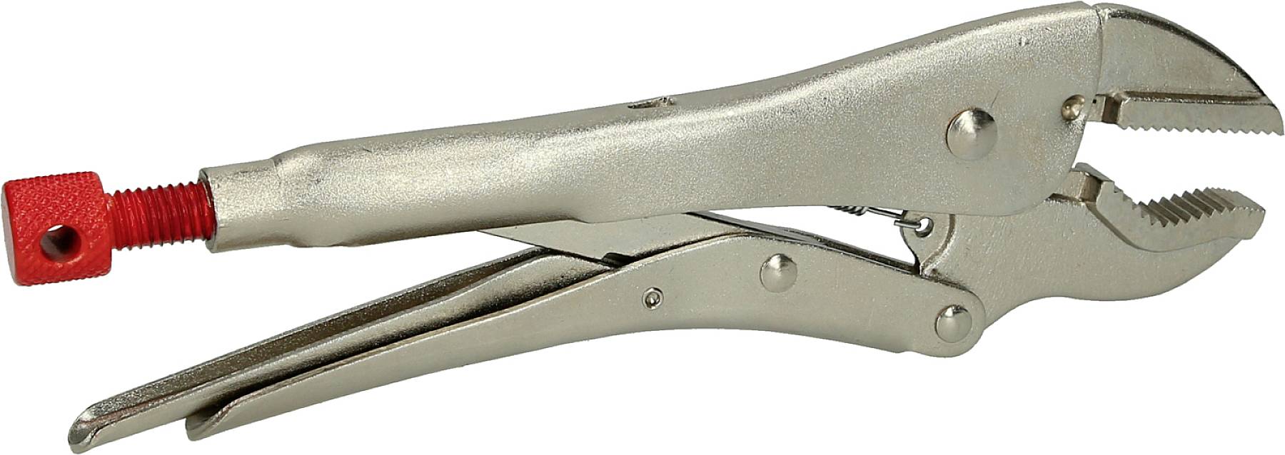 Metal G-clamp with a red turning knob, used for securing materials. It features serrated jaws for a firm grip and a lever mechanism.