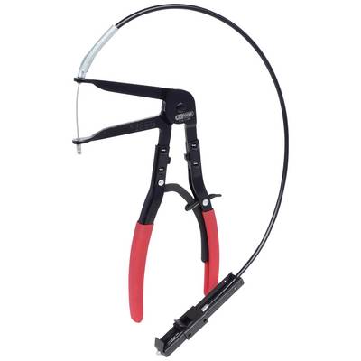 Hose clip pliers with a red handle and flexible cable, designed for loosening and securing hose clips in hard-to-reach areas.