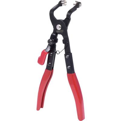 Red and black pliers with grooved, adjustable jaws and a lever handle, typically used for mechanical gripping or holding.