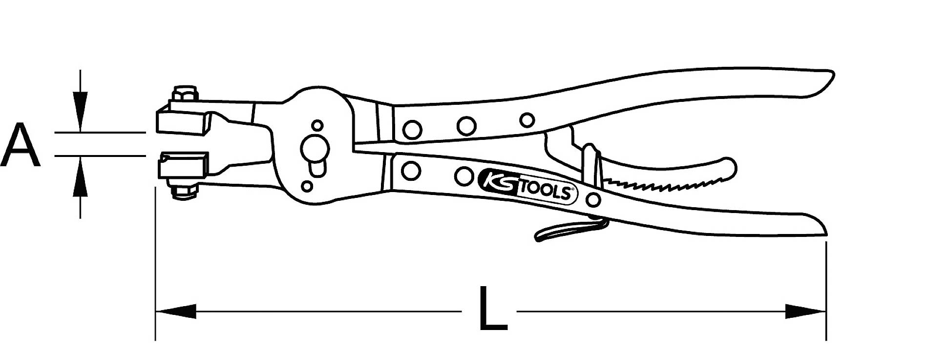 Pliers with a lever handle and a toggle clamp mechanism, belonging to a specific brand. Dimensions A (width) and L (length) are marked.