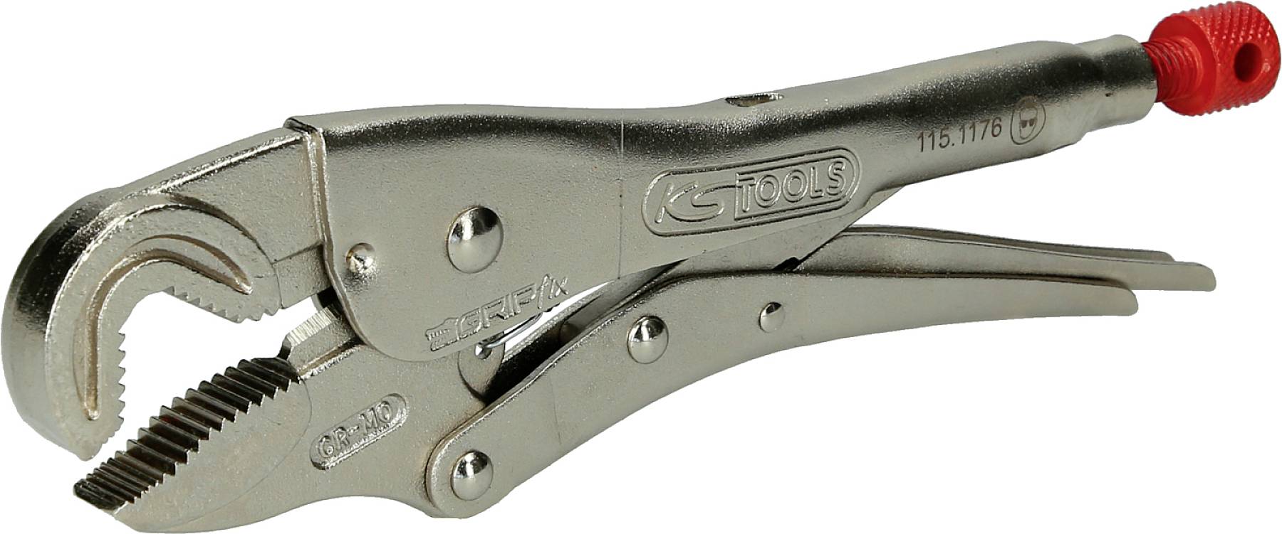 A silver locking pliers with adjustable width and a red turn knob at the end of the handle.