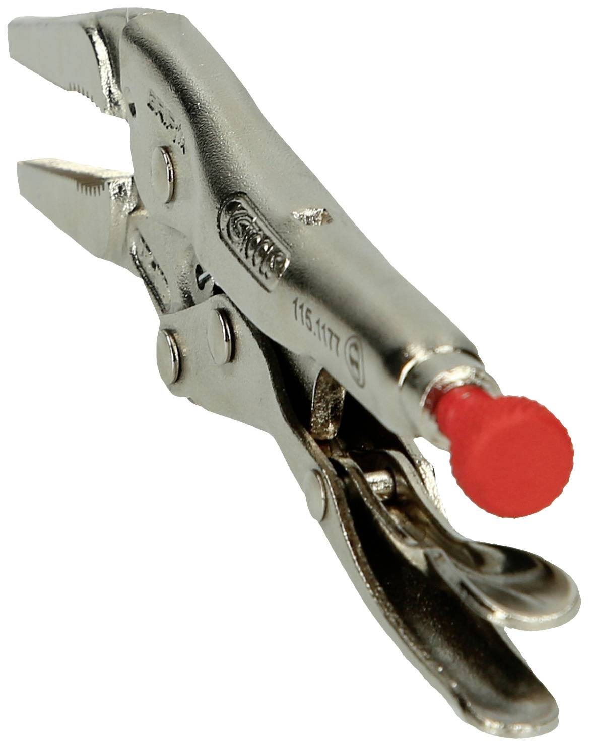 A silver locking pliers with a red handle on the adjustment mechanism. It is a tool used for gripping and securing objects.