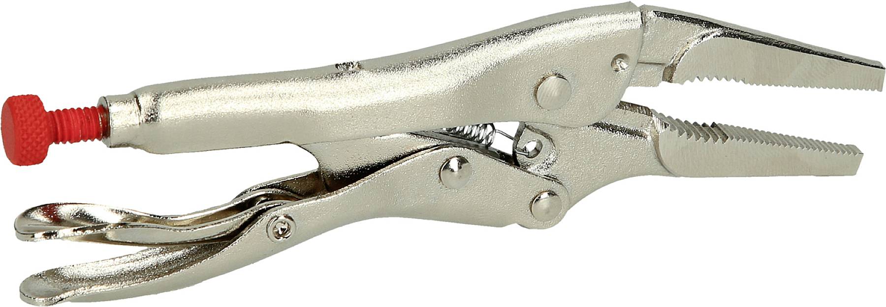 Metal pliers with red handle, locking mechanism and serrated jaws, suitable for various craftwork.