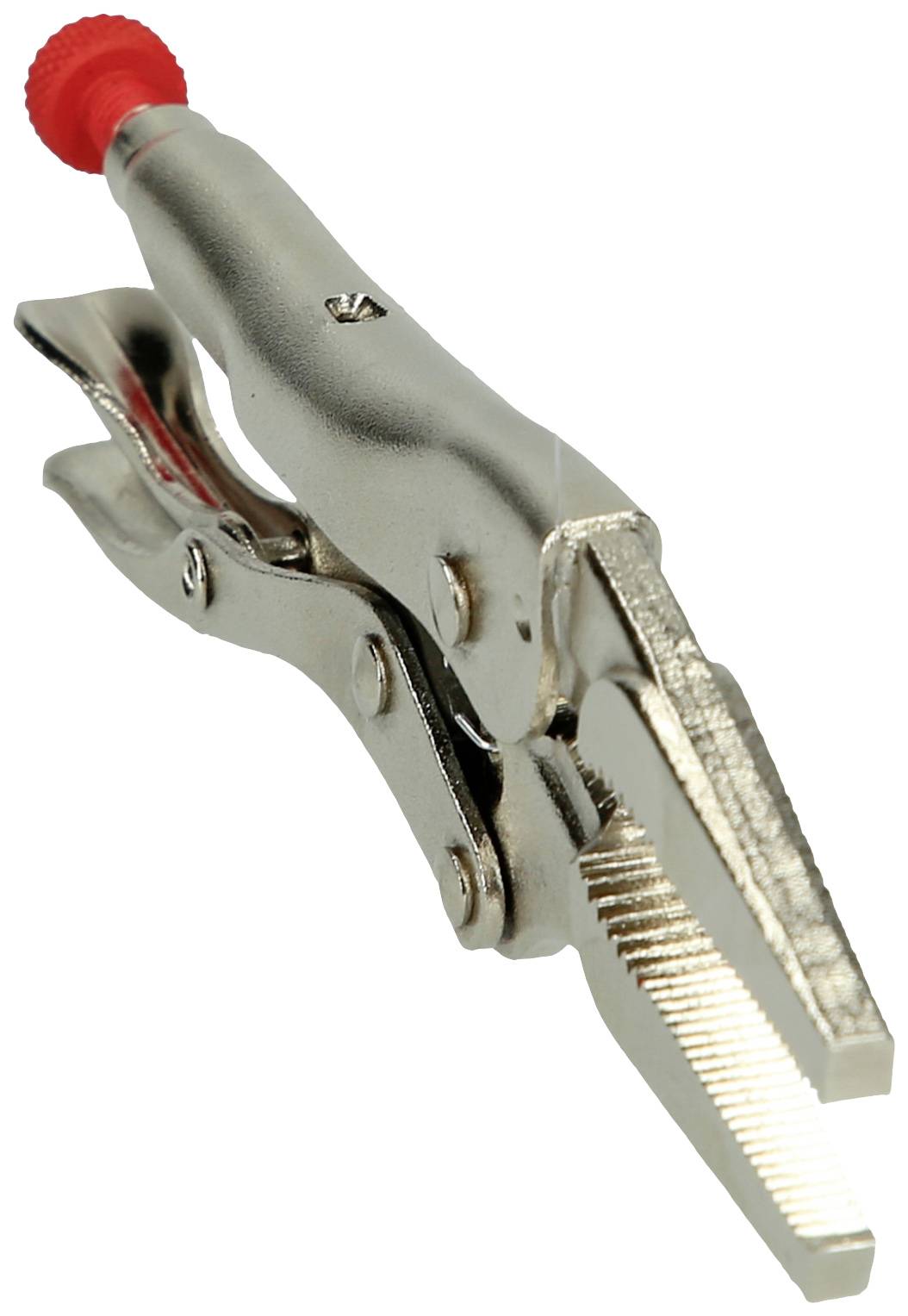 A silver alligator clip with a red end, commonly used in technical settings for connecting wires.