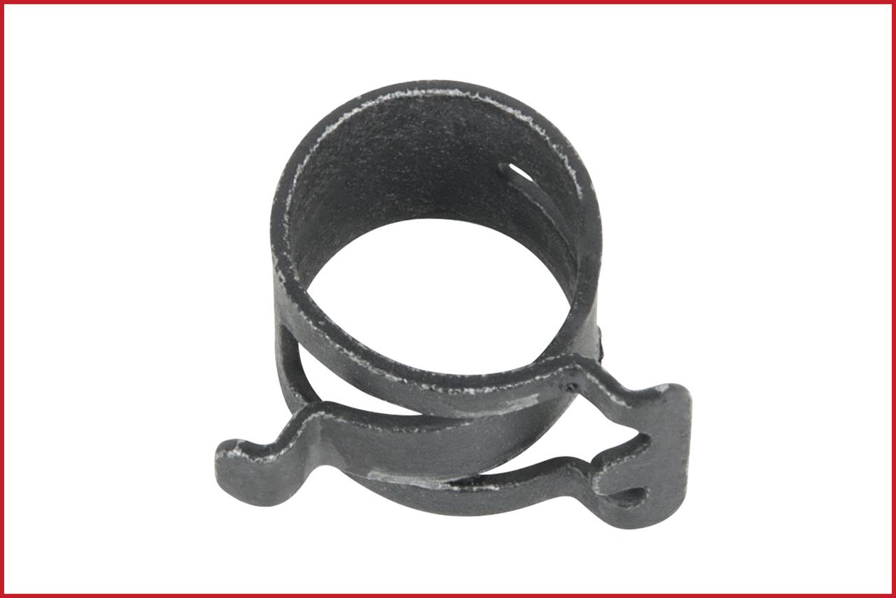 A metal spring band clip, commonly used in automobiles and machinery to secure hoses and prevent leaks.