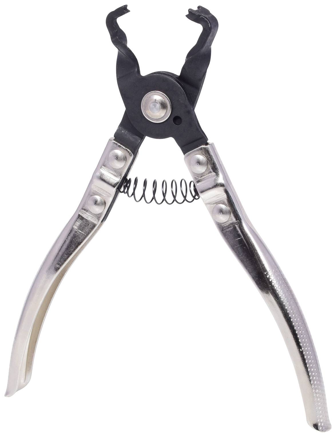 Pliers with a curved handle and spring mechanism, used for removing leaking clips from pipes and hoses.