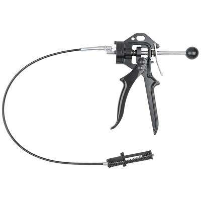 Black powder-coated cable-operated valve with lever handle. Commonly used in the automotive industry for controlling engine components.
