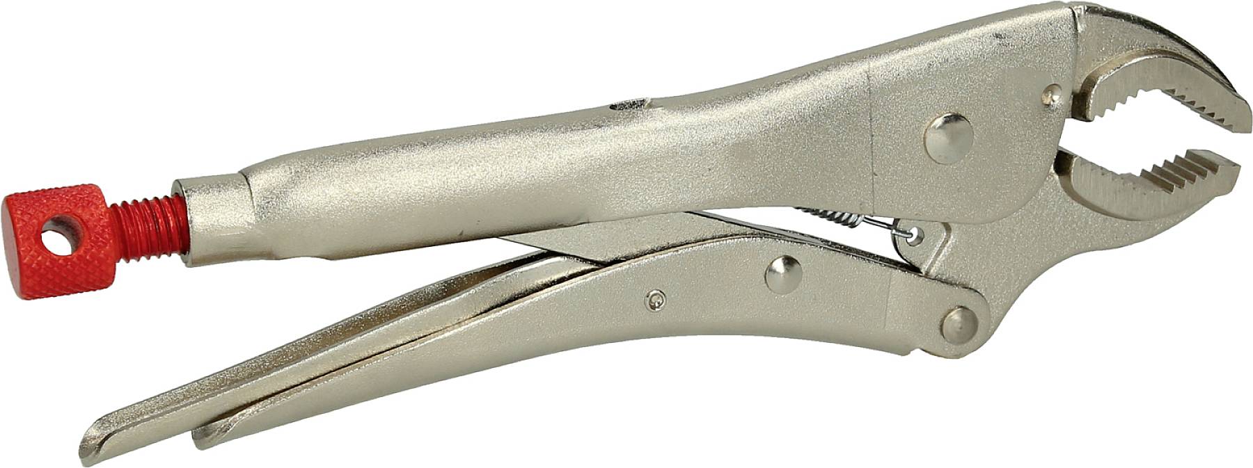 A silver-coloured grip pliers with a red adjustment screw knob, opened ready for gripping or clamping objects.