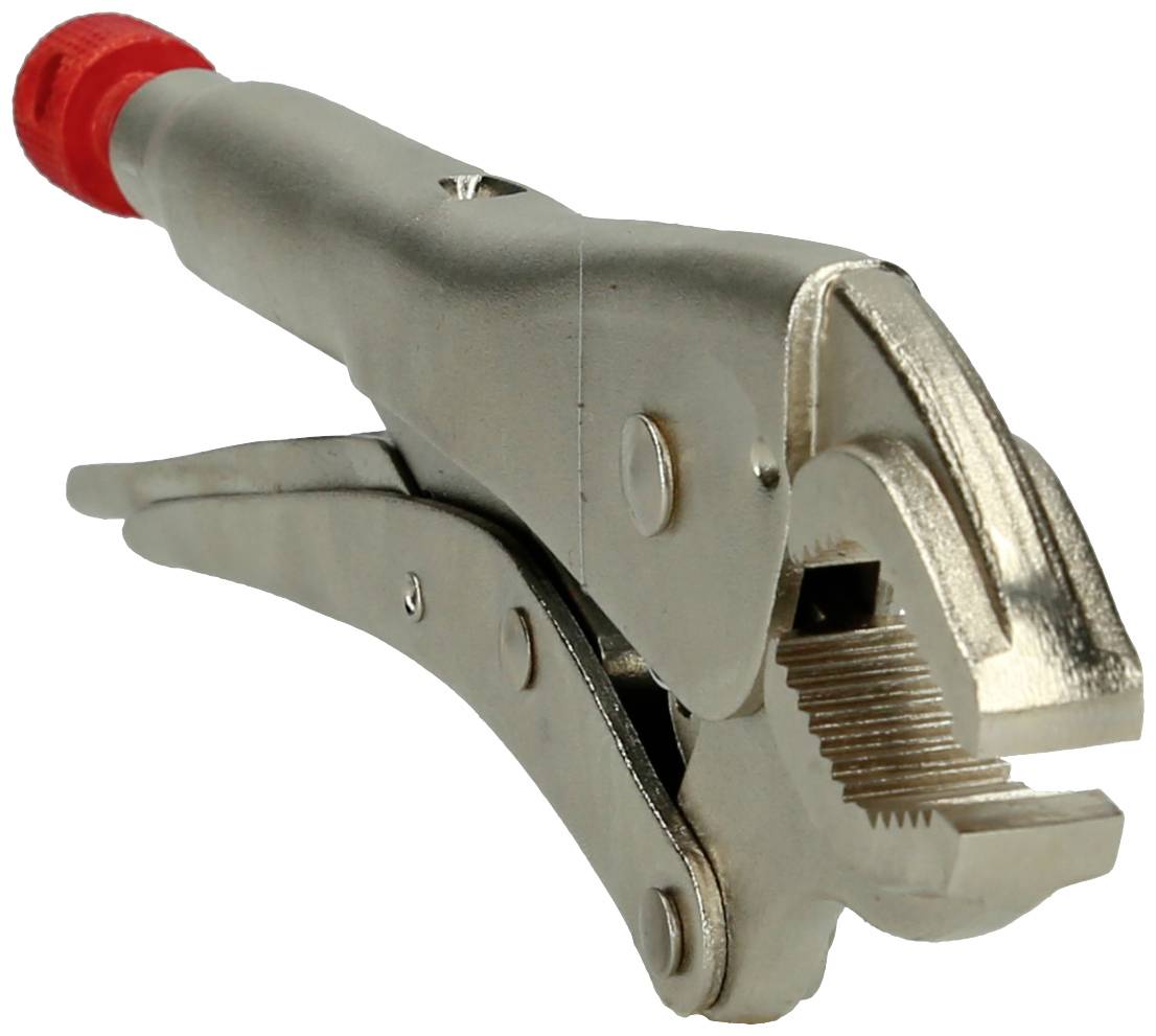 A metal pipe wrench with a red handle and adjustable jaw for gripping and turning pipes or bolts.